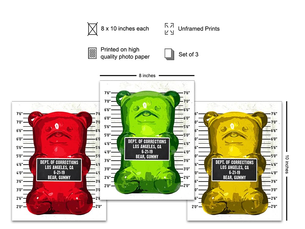 Gummy Bear Mugshot Modern Pop Art, Wall Art Set - Original 8x10 Poster Prints - Cool Unique Gift - Unframed Photo Pictures