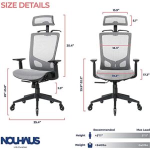 Nouhaus ErgoTASK – Ergonomic Task Chair, Computer Chair and Office Chair with Headrest. Rolling Swivel Chair with Rollerblade Wheels (Grey)