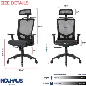 Nouhaus ErgoTASK – Ergonomic Task Chair, Computer Chair and Office Chair with Headrest. Rolling Swivel Chair with Rollerblade Wheels (Grey)