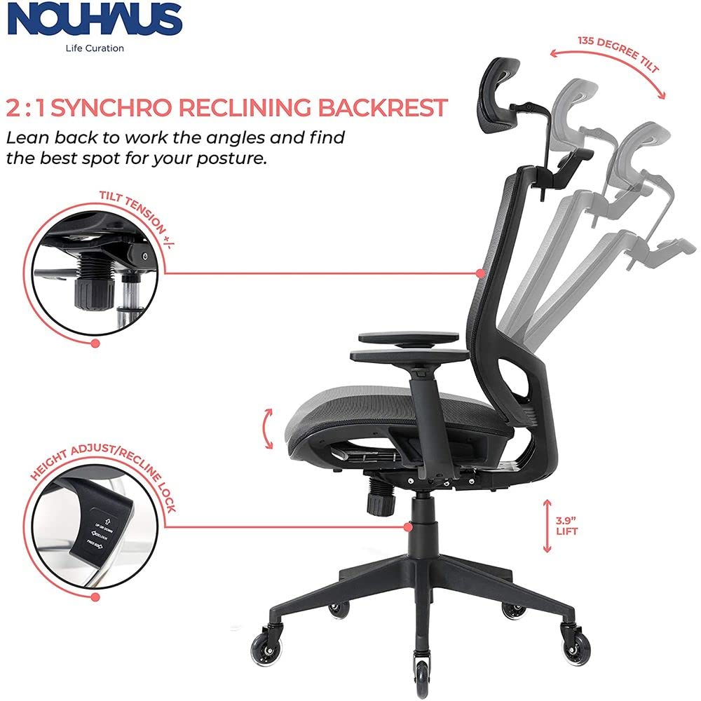 Nouhaus ErgoTASK – Ergonomic Task Chair, Computer Chair and Office Chair with Headrest. Rolling Swivel Chair with Rollerblade Wheels (Grey)