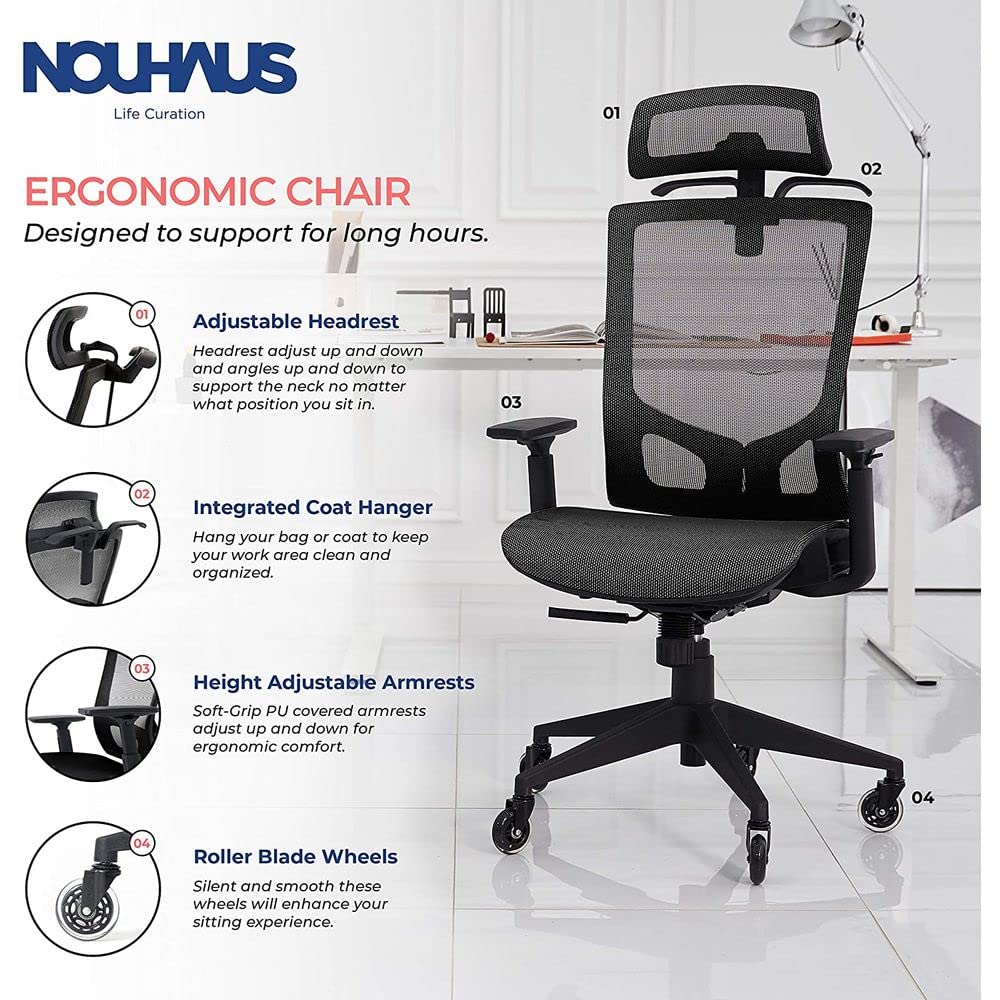 Nouhaus ErgoTASK – Ergonomic Task Chair, Computer Chair and Office Chair with Headrest. Rolling Swivel Chair with Rollerblade Wheels (Grey)