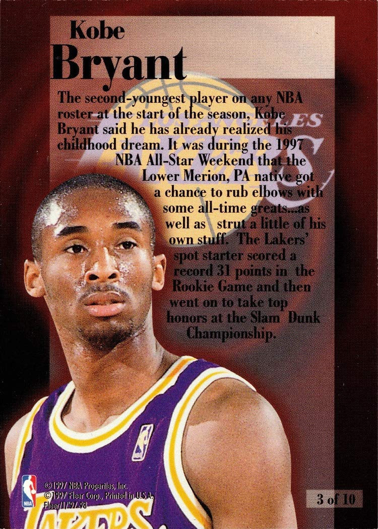 1997-98 Fleer Rookie Rewind #3 Kobe Bryant Basketball Card