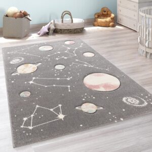 Kids Rug Play Rug Space Area Galaxy for Children´s Room Planets and Stars in Grey, Size:5'3" x 7'7"