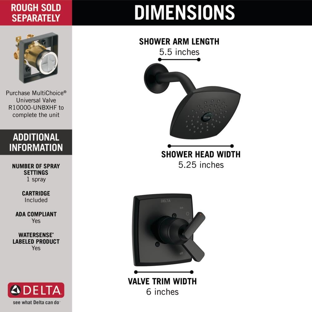 Delta Faucet Ashlyn 17 Series Matte Black Shower Faucet, Tub and Shower Trim Kit with Single-Spray Touch-Clean Matte Black Shower Head, Matte Black T17264-BL (Valve Not Included)