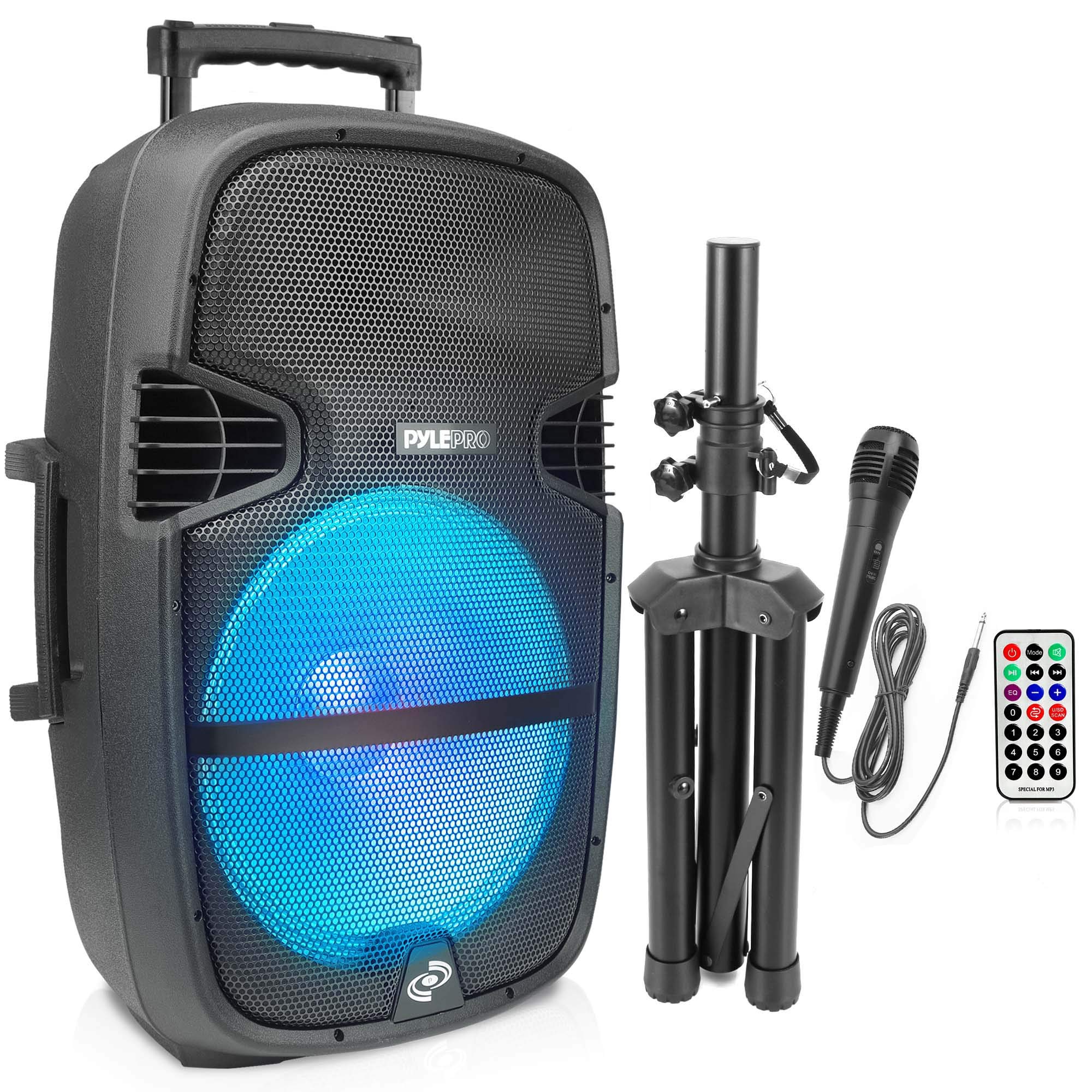 Pyle Portable Bluetooth PA Speaker System - 1000W Outdoor Bluetooth Speaker System w/Microphone in, Party Lights, USB SD Card Reader, FM Radio, Wheels - Remote Control, Tripod PPHP1548B, BLACK,BLUE