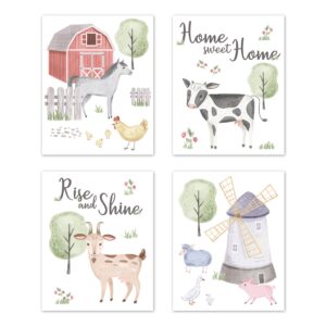 sweet jojo designs farm animals wall art prints room decor for baby, nursery, and kids - set of 4 - watercolor farmhouse horse cow sheep pig home sweet home