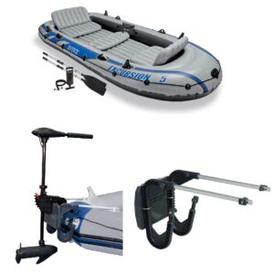 intex excursion 5 person inflatable boat set with 2 aluminum oars and pump, intex 12v transom mount boat trolling motor, and intex motor mount kit