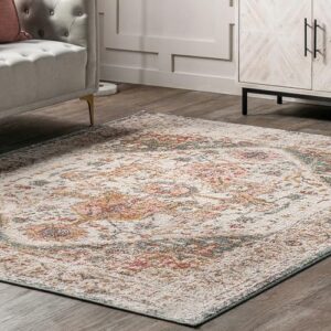 nuLOOM 10x14 Justine Vintage Medallion Area Rug, Beige, Faded Persian Design, Stain Resistant, For Bedroom, Dining Room, Living Room, Hallway, Office, Kitchen, Entryway