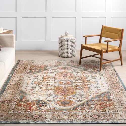 nuLOOM 10x14 Justine Vintage Medallion Area Rug, Beige, Faded Persian Design, Stain Resistant, For Bedroom, Dining Room, Living Room, Hallway, Office, Kitchen, Entryway