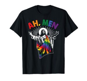 ah men funny lgbt gay pride jesus rainbow flag christian short sleeve t-shirt