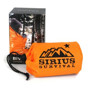 sirius survival bivvy emergency sleeping bag - lightweight & compact - waterproof, thermal, emergency blanket - mylar sleeping bag in portable drawstring sack - orange