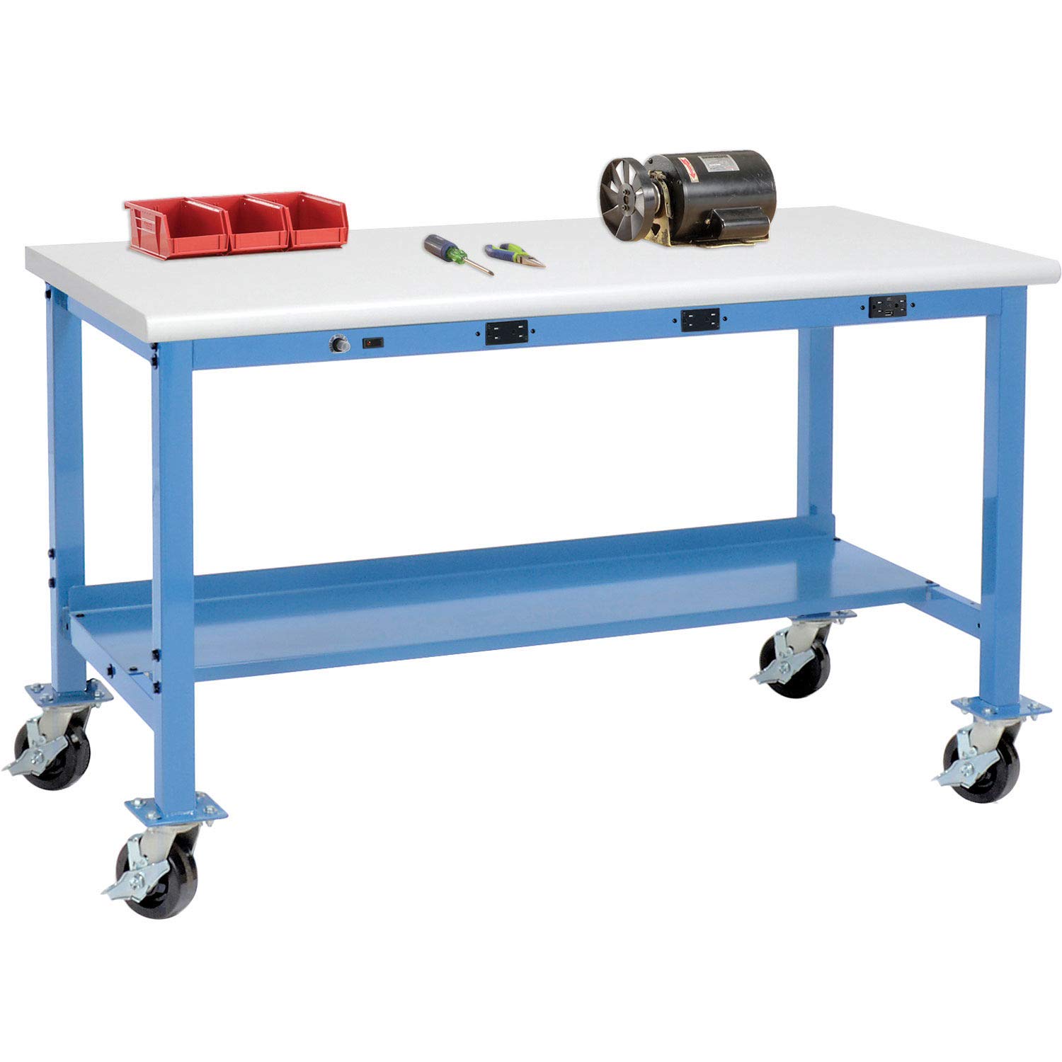 Global Industrial Mobile Workbench with Power Apron, ESD Safety Edge, 72" W x 36" D, Blue