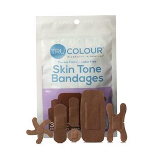 tru colour - assorted bandages, flexible fabric adhesive bandages, dark brown skin tone shade, purple bag, 30 count