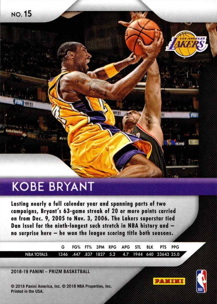 2018-19 Panini Prizm #15 Kobe Bryant Basketball Card Lakers