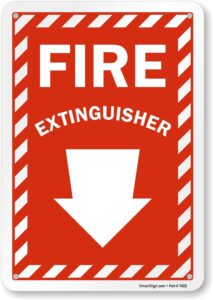 smartsign 10 x 7 inch “fire extinguisher” sign with down arrow and pre-cleared holes, digitally printed, 55 mil hdpe plastic, red and white