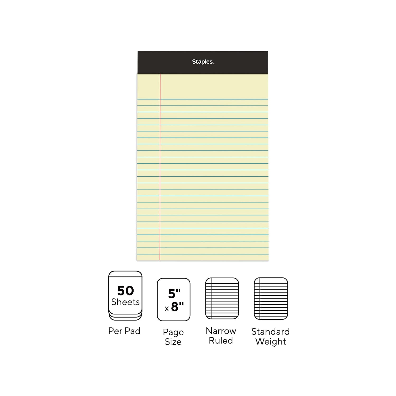 STAPLES 163832 Notepads 5-Inch X 8-Inch Narrow Canary 50 Sheets/Pad 12 Pads/Pack (26829)