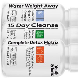 3pk detox cleanse kick off weight management | colon cleanser + water loss pills w dandelion + acv full body detox + probiotics | for flat stomach, waistline, metabolism, bloating – 90 pills