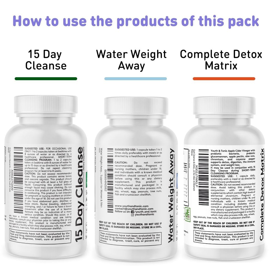 3pk Detox Cleanse Kick Off Weight Management | Colon Cleanser + Water Loss Pills w Dandelion + ACV Full Body Detox + Probiotics | For Flat Stomach, Waistline, Metabolism, Bloating – 90 Pills