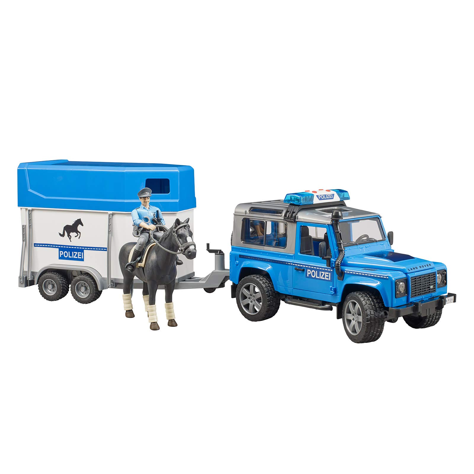 Bruder 02588 Land Rover Police Vehicle w Horse Trailer, Horse and Policeman, L&S Module