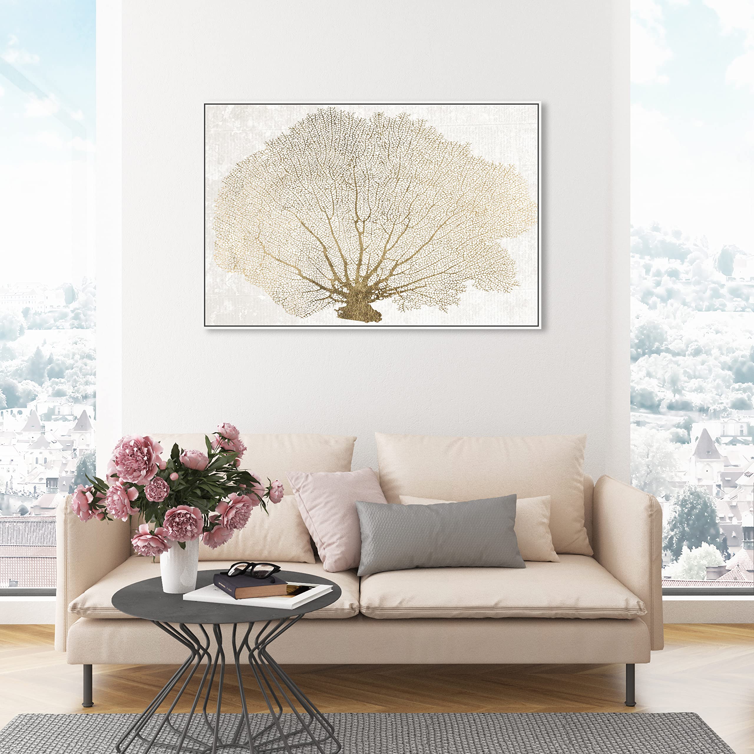 The Oliver Gal Artist Co. Nautical and Coastal Contemporary White Frame Canvas Wall Art Gold Coral Fan Living Room Bedroom and Bathroom Home Decor 45 in x 30 in White and Gold