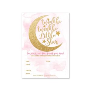 hadley designs 25 twinkle twinkle girl sprinkle baby shower invitations for girl, coed little stars gender reveal theme, cute moon clouds diy fill in blank printable card, pink gold party supplies