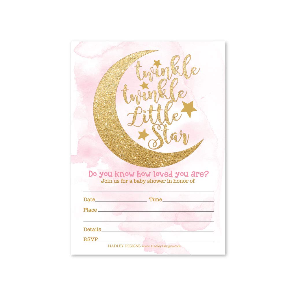 Hadley Designs 25 Twinkle Twinkle Girl Sprinkle Baby Shower Invitations For Girl, Coed Little Stars Gender Reveal Theme, Cute Moon Clouds DIY Fill In Blank Printable Card, Pink Gold Party Supplies