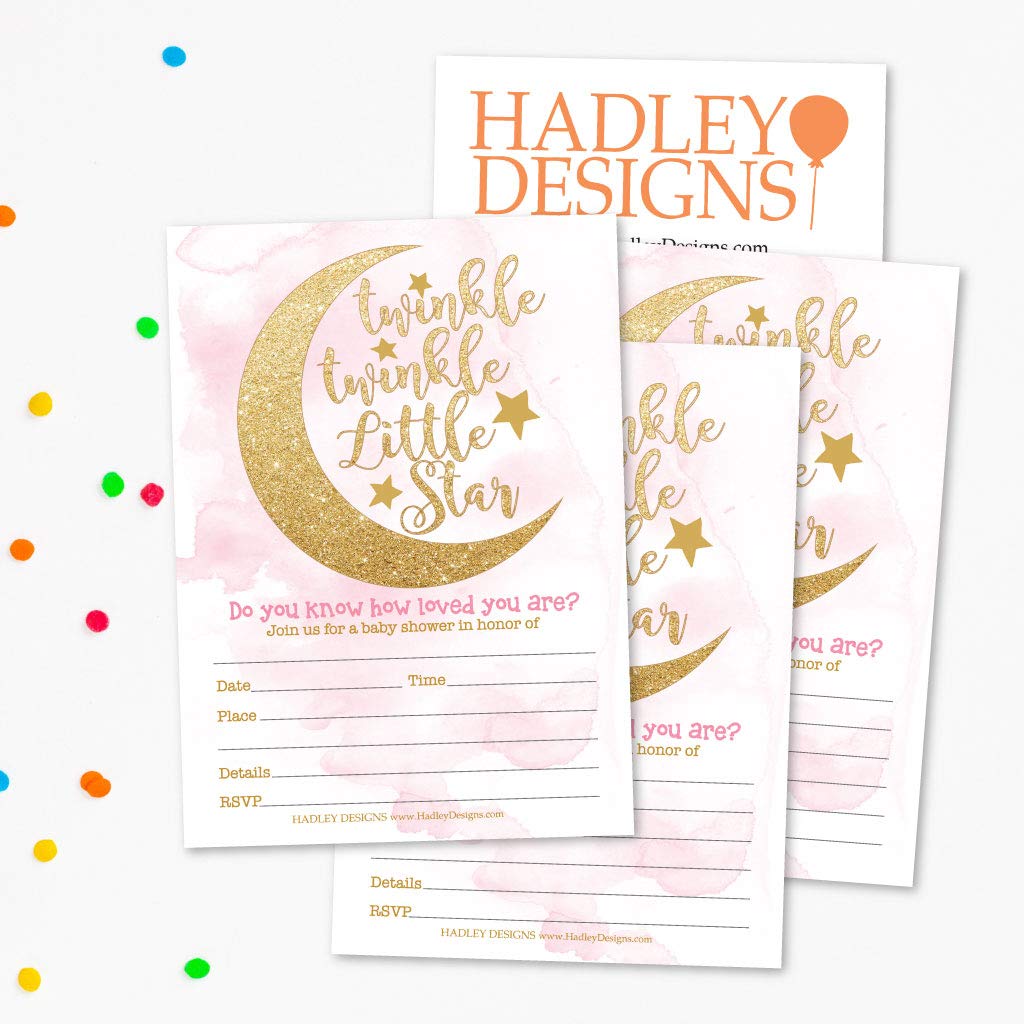 Hadley Designs 25 Twinkle Twinkle Girl Sprinkle Baby Shower Invitations For Girl, Coed Little Stars Gender Reveal Theme, Cute Moon Clouds DIY Fill In Blank Printable Card, Pink Gold Party Supplies