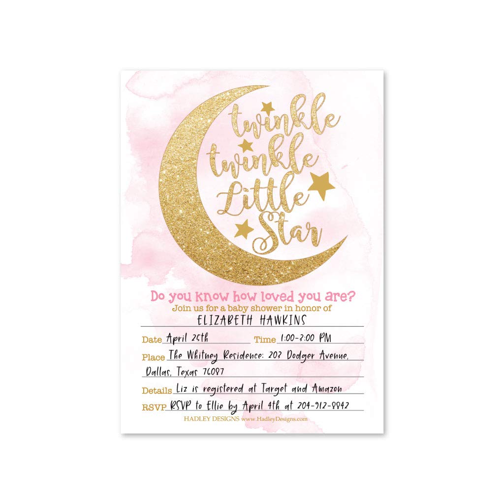 Hadley Designs 25 Twinkle Twinkle Girl Sprinkle Baby Shower Invitations For Girl, Coed Little Stars Gender Reveal Theme, Cute Moon Clouds DIY Fill In Blank Printable Card, Pink Gold Party Supplies