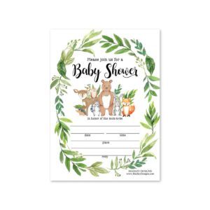 25 greenery woodland baby shower invitations, sprinkle invite for boy or girl, coed rustic gender reveal neutral theme, cute deer bunny fill write in blank printable card, animal party diy supplies