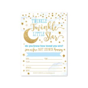 25 twinkle twinkle boy baby shower invitations, sprinkle invite for boy, coed little stars gender reveal theme, cute moon clouds diy fill or write in blank printable card, blue gold party supplies