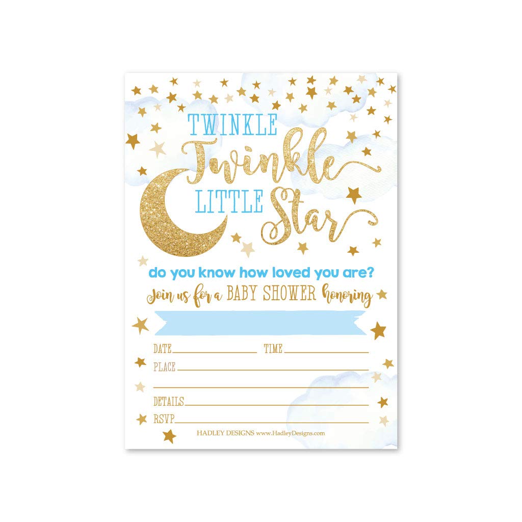 25 Twinkle Twinkle Boy Baby Shower Invitations, Sprinkle Invite For Boy, Coed Little Stars Gender Reveal Theme, Cute Moon Clouds DIY Fill or Write In Blank Printable Card, Blue Gold Party Supplies