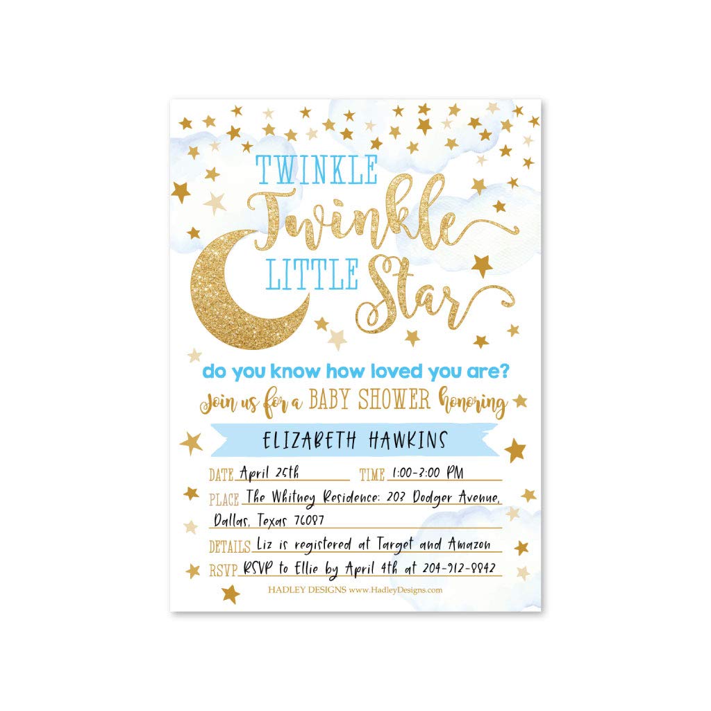 25 Twinkle Twinkle Boy Baby Shower Invitations, Sprinkle Invite For Boy, Coed Little Stars Gender Reveal Theme, Cute Moon Clouds DIY Fill or Write In Blank Printable Card, Blue Gold Party Supplies