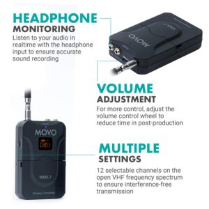 Movo Universal Wireless System, 12 VHF Channels, 2-Microphone, 3.5mm TRRS, 1-Year Warranty