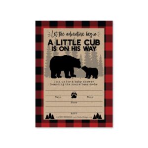 25 little bear baby shower invitations, sprinkle invite for boy, coed rustic lumberjack plaid gender reveal theme, cute woodland diy fill or write in blank printable card, animal forest party supplies