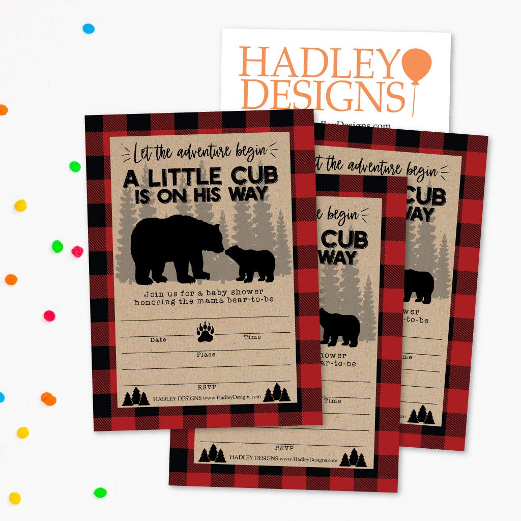 25 Little Bear Baby Shower Invitations, Sprinkle Invite For Boy, Coed Rustic Lumberjack Plaid Gender Reveal Theme, Cute Woodland DIY Fill or Write In Blank Printable Card, Animal Forest Party Supplies