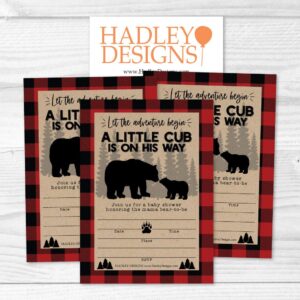 25 Little Bear Baby Shower Invitations, Sprinkle Invite For Boy, Coed Rustic Lumberjack Plaid Gender Reveal Theme, Cute Woodland DIY Fill or Write In Blank Printable Card, Animal Forest Party Supplies