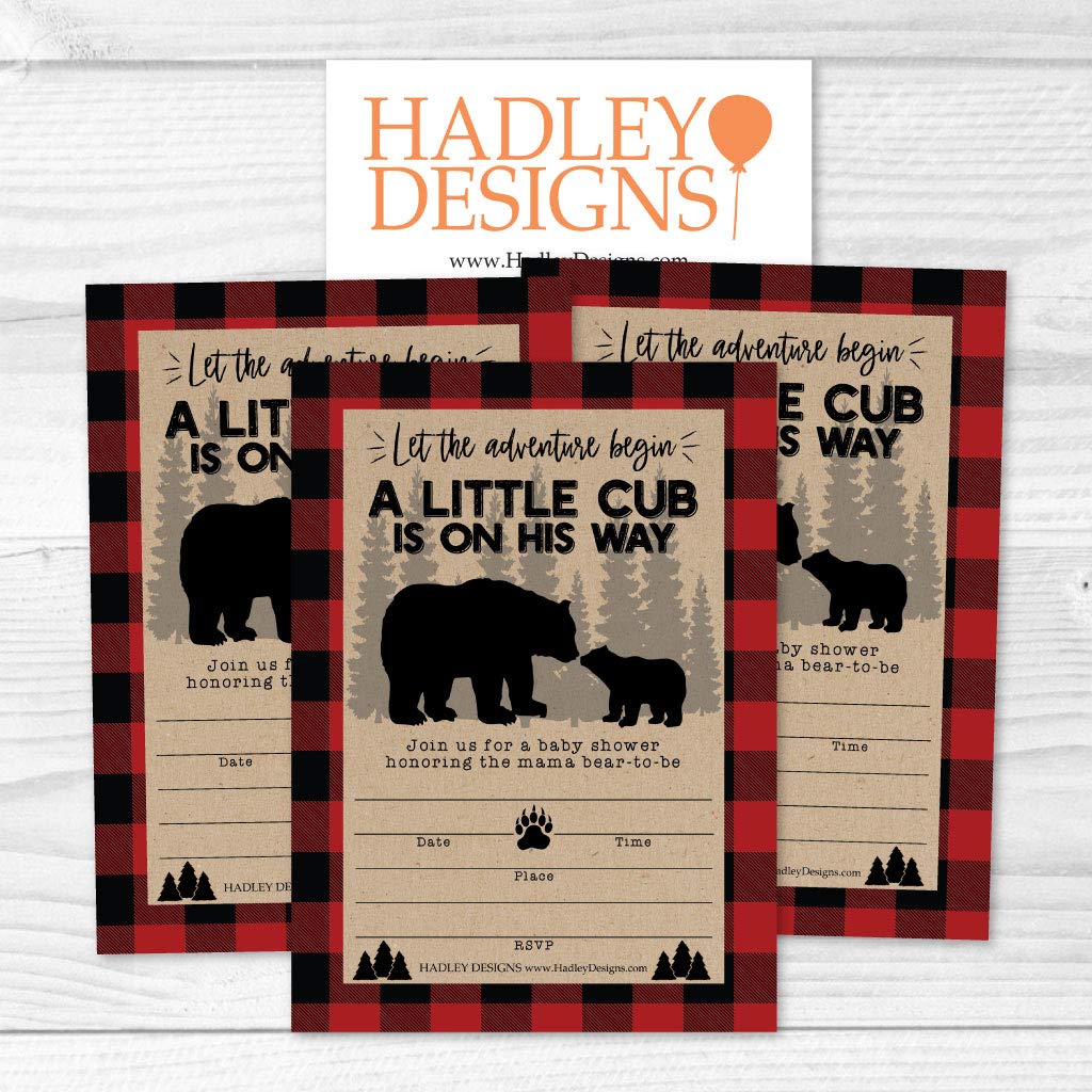 25 Little Bear Baby Shower Invitations, Sprinkle Invite For Boy, Coed Rustic Lumberjack Plaid Gender Reveal Theme, Cute Woodland DIY Fill or Write In Blank Printable Card, Animal Forest Party Supplies