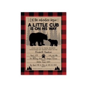 25 Little Bear Baby Shower Invitations, Sprinkle Invite For Boy, Coed Rustic Lumberjack Plaid Gender Reveal Theme, Cute Woodland DIY Fill or Write In Blank Printable Card, Animal Forest Party Supplies