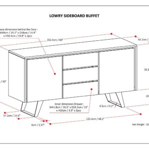 SIMPLIHOME Lowry SOLID ACACIA WOOD and Metal 60 Inch Wide Rectangle Modern Industrial Sideboard Buffet in Distressed Grey, For the Dining Room and Kitchen