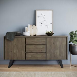 SIMPLIHOME Lowry SOLID ACACIA WOOD and Metal 60 Inch Wide Rectangle Modern Industrial Sideboard Buffet in Distressed Grey, For the Dining Room and Kitchen