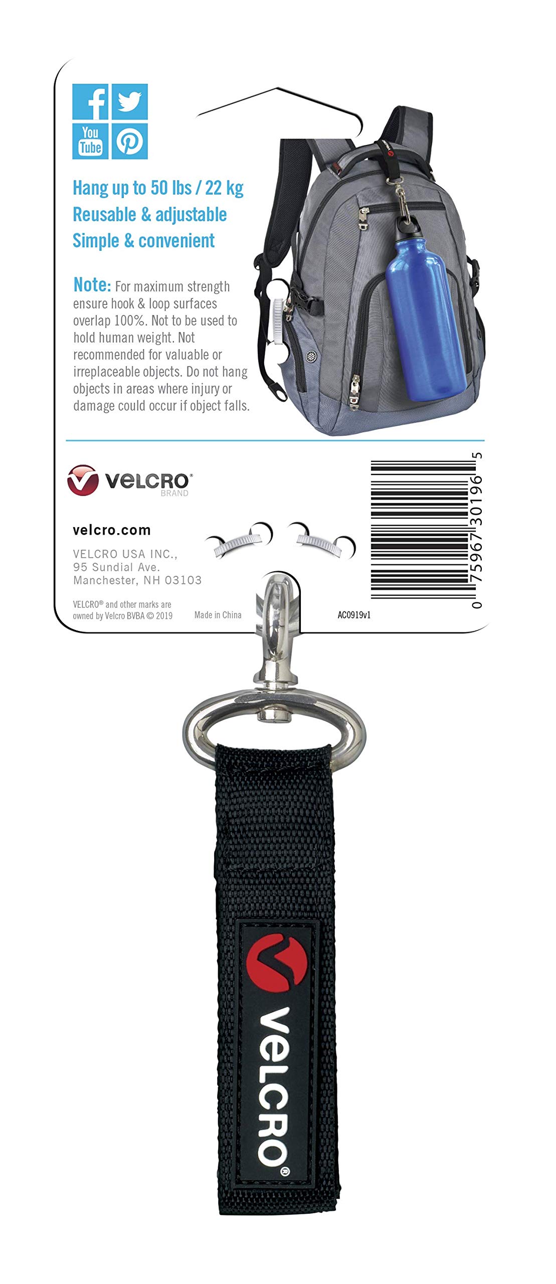 VELCRO Brand VEL-30196-USA Easy Hang Strap with Carabiner Clip Attach Water Bottles and Accessories to Bikes, Bags and more. Organization for Garden, Shed, RV. Extra Small-1Pk, Black