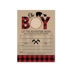 25 lumberjack bear baby shower invitations, sprinkle invite for boy, coed rustic gender reveal theme, cute woodland adventure diy fill or write in blank printable card, animal forest party supplies