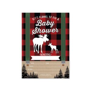 25 lumberjack moose baby shower invitations, sprinkle invite for boy, coed rustic gender reveal theme, cute woodland adventure diy fill or write in blank printable card, animal forest party supplies