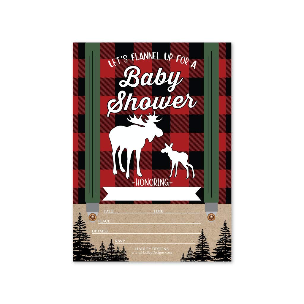 25 Lumberjack Moose Baby Shower Invitations, Sprinkle Invite For Boy, Coed Rustic Gender Reveal Theme, Cute Woodland Adventure DIY Fill or Write In Blank Printable Card, Animal Forest Party Supplies