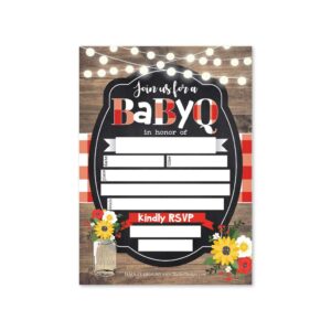 25 babyq baby shower invitations, sprinkle invite for boy or girl, coed rustic barbeque gender neutral reveal theme, cute fill or write in blank printable card, country sunflower party diy supplies