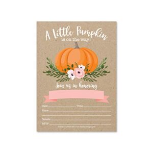 25 pumpkin pink baby shower invitations, sprinkle invite for girl, coed rustic gender reveal theme, cute kraft floral diy fill or write in blank printable card, greenery blush rose party supplies