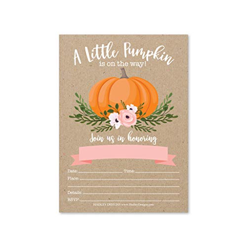 25 Pumpkin Pink Baby Shower Invitations, Sprinkle Invite For Girl, Coed Rustic Gender Reveal Theme, Cute Kraft Floral DIY Fill or Write In Blank Printable Card, Greenery Blush Rose Party Supplies