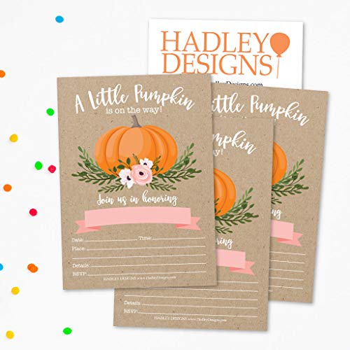 25 Pumpkin Pink Baby Shower Invitations, Sprinkle Invite For Girl, Coed Rustic Gender Reveal Theme, Cute Kraft Floral DIY Fill or Write In Blank Printable Card, Greenery Blush Rose Party Supplies