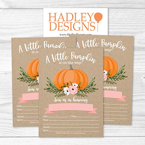 25 Pumpkin Pink Baby Shower Invitations, Sprinkle Invite For Girl, Coed Rustic Gender Reveal Theme, Cute Kraft Floral DIY Fill or Write In Blank Printable Card, Greenery Blush Rose Party Supplies