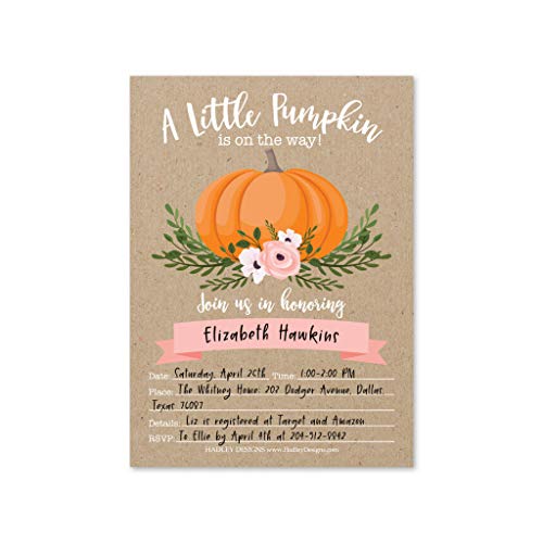 25 Pumpkin Pink Baby Shower Invitations, Sprinkle Invite For Girl, Coed Rustic Gender Reveal Theme, Cute Kraft Floral DIY Fill or Write In Blank Printable Card, Greenery Blush Rose Party Supplies